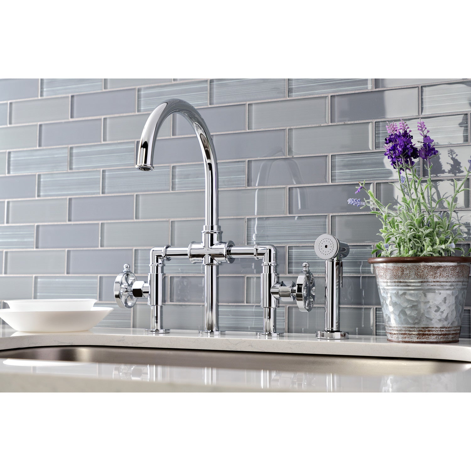 Kingston Sona KS2331RX - Belknap Two-Handle 4-Hole Deck Mount Industrial Style Bridge Kitchen Faucet with Brass Sprayer, Polished Chrome — thumbnail 2